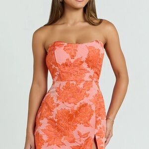 Showpo Strapless Dress in Orange Floral Jacquard